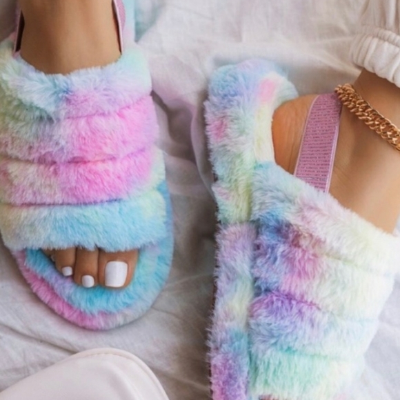 Boutique Shoes - 💙Last Pair💜Fluffy Tie Dye Rainbow Slippers,7